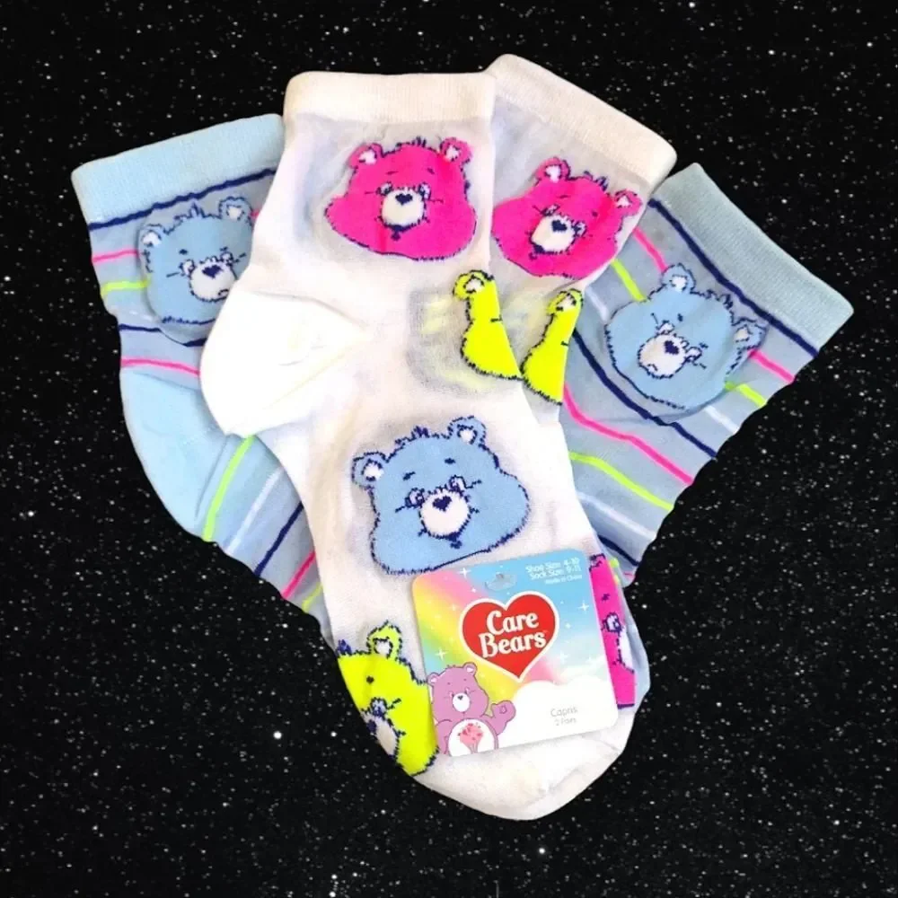 Care Bears‎ White Colorful Neon Print 2 Pairs Nylon Capri Socks NWT Nostalgia